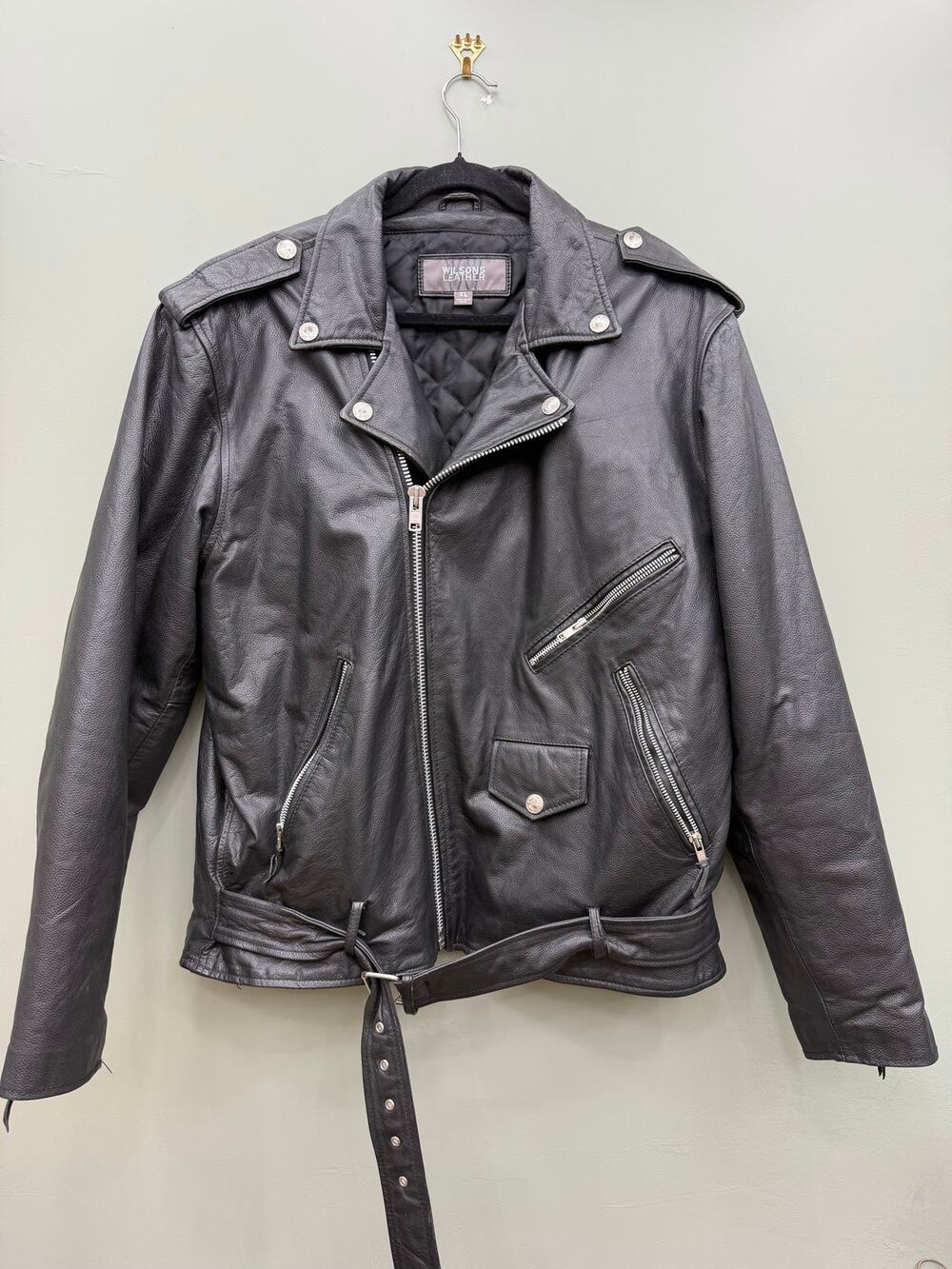 Wilsons Leather XL Black Leather Motorcycle Biker Jacket Belted Moto